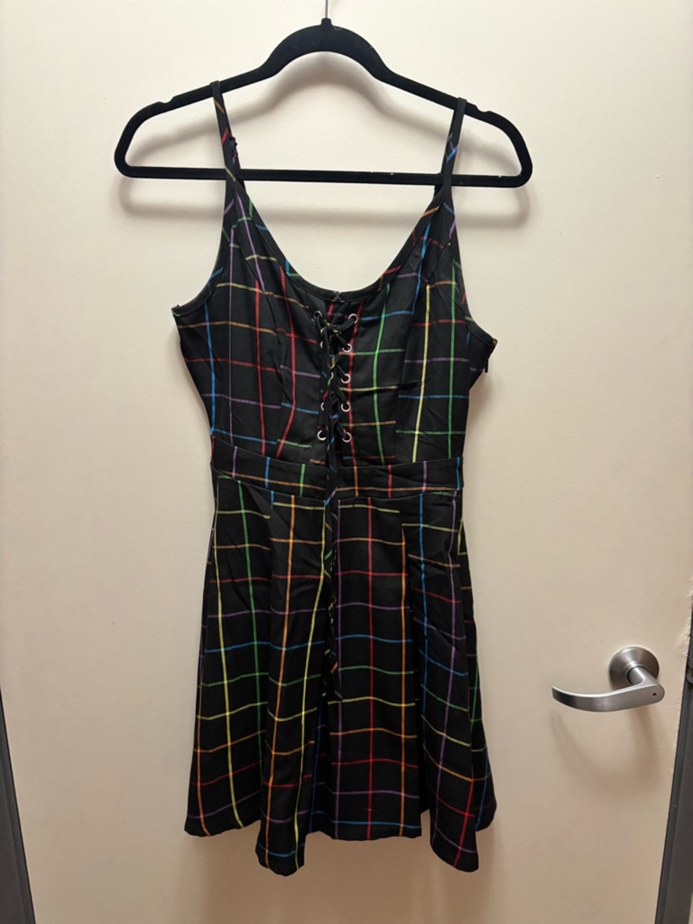 Hot Topic Black Rainbow Grid Lace-Up Mini Dress